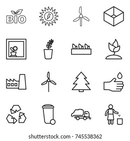thin line icon set : bio, sun power, windmill, box, flower in window, seedling, sprouting, factory, spruce, hand drop, recycling, trash bin, truck, garbage
