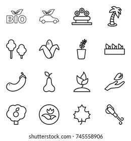 thin line icon set : bio, eco car, flower bed, palm, trees, corn, seedling, eggplant, pear, sprouting, hand leaf, garden, ecology, maple, blower