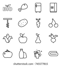 thin line icon set : bio, chicken leg, fridge, corkscrew, potato, carrot, cherry, corn, apple, pear, beet, tomato, shampoo, wiping, towel