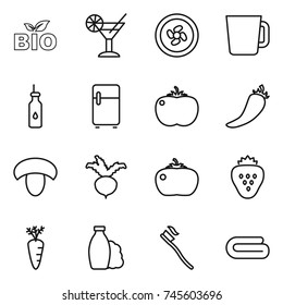 thin line icon set : bio, cocktail, cooler fan, cup, vegetable oil, fridge, tomato, hot pepper, mushroom, beet, strawberry, carrot, shampoo, tooth brush, towel