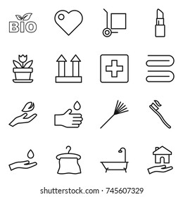 thin line icon set : bio, heart, cargo stoller, lipstick, flower, top sign, first aid, towel, hand leaf, drop, rake, tooth brush, and, hanger, bath, housing