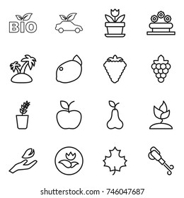 thin line icon set : bio, eco car, flower, bed, island, lemon, berry, grape, seedling, apple, pear, sprouting, hand leaf, ecology, maple, blower