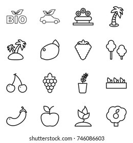 thin line icon set : bio, eco car, flower bed, palm, island, lemon, berry, trees, cherry, grape, seedling, eggplant, apple, sprouting, garden