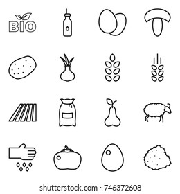 thin line icon set : bio, vegetable oil, eggs, mushroom, potato, onion, spikelets, field, flour, pear, sheep, sow, tomato, egg, pile of garbage