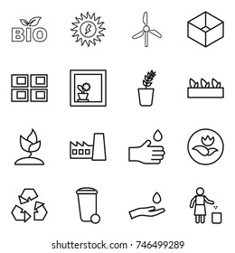thin line icon set : bio, sun power, windmill, box, panel house, flower in window, seedling, sprouting, factory, hand drop, ecology, recycling, trash bin, and, garbage