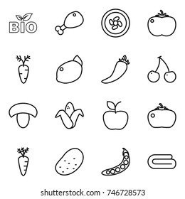 thin line icon set : bio, chicken leg, cooler fan, tomato, carrot, lemon, hot pepper, cherry, mushroom, corn, apple, potato, peas, towel