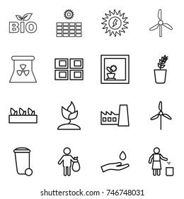 thin line icon set : bio, sun power, windmill, nuclear, panel house, flower in window, seedling, sprouting, factory, trash bin, hand and drop, garbage