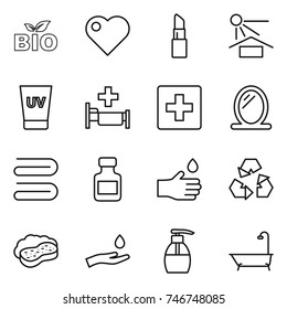 thin line icon set : bio, heart, lipstick, sun potection, uv cream, hospital, first aid, mirror, towel, pills bottle, hand drop, recycling, sponge with foam, and, liquid soap, bath