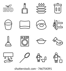 thin line icon set : bio, scoop, plate washing, trash bin, bucket, sponge, soap, skyscrapers cleaning, plunger, machine, foam basin, wiping, hand dryer, duster, toilet, garbage