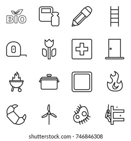 thin line icon set : bio, scales weight, pencil, stairs, measuring tape, perishable, first aid, door, bbq, pan, cutting board, fire, croissant, windmill, microb, skyscrapers cleaning