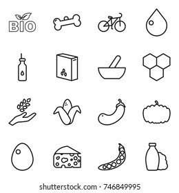 thin line icon set : bio, bone, bike, drop, vegetable oil, cereals, mortar, honeycombs, harvest, corn, eggplant, pumpkin, egg, cheese, peas, shampoo