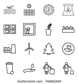 thin line icon set : bio, sun power, nuclear, panel house, flower in window, seedling, factory, windmill, spruce, ecology, trash bin, hand and drop, garbage