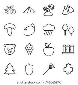 thin line icon set : bio, tent, island, flippers, mushroom, lemon, rain cloud, trees, pig, grape, apple, grain elevator, spruce, acorn, rake, maple leaf