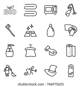 thin line icon set : bio, towel, microwave oven, vacuum cleaner, tooth brush, clean floor, cleanser, wiping, liquid soap, hanger, paper, brooming, washing, please