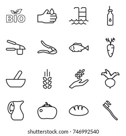 thin line icon set : bio, acid, pool, vegetable oil, garlic clasp, walnut crack, fish, carrot, mortar, spikelets, harvest, beet, jug, tomato, bread, tooth brush