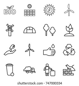 thin line icon set : bio, sun power, windmill, greenhouse, trees, sprouting, hand leaf, drop, recycling, trash bin, truck, garbage, construct
