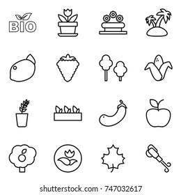 thin line icon set : bio, flower, bed, island, lemon, berry, trees, corn, seedling, eggplant, apple, garden, ecology, maple leaf, blower