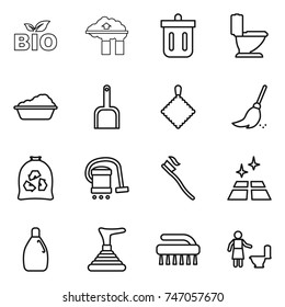 thin line icon set : bio, factory filter, bin, toilet, washing, scoop, rag, broom, garbage bag, vacuum cleaner, tooth brush, clean floor, cleanser, plunger, cleaning