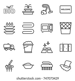 thin line icon set : bio, fountain, vacuum cleaner, welcome mat, plate washing, towel, microwave oven, trash bin, sweeper, foam bucket, clean floor, window, basin, brush