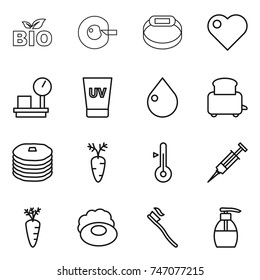 thin line icon set : bio, cell corection, smart bracelet, heart, warehouse scales, uv cream, drop, toaster, pancakes, carrot, thermometer, syringe, soap, tooth brush, liquid