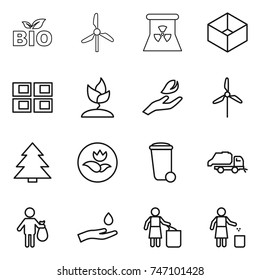 thin line icon set : bio, windmill, nuclear power, box, panel house, sprouting, hand leaf, spruce, ecology, trash bin, truck, and drop, garbage