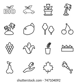 thin line icon set : bio, eco car, flower, palm, island, lemon, trees, cherry, grape, corn, seedling, pear, hand leaf, maple, blower