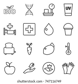 thin line icon set : bio, dna, warehouse scales, uv cream, hospital, first aid, drop, bucket, toaster, carrot, lemon, thermometer, apple, hand leaf, ecology, gloves