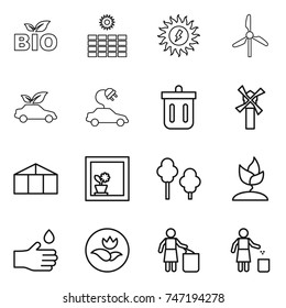 thin line icon set : bio, sun power, windmill, eco car, electric, bin, greenhouse, flower in window, trees, sprouting, hand drop, ecology, garbage