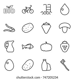 thin line icon set : bio, bike, pool, drop, walnut crack, potato, berry, mushroom, jug, fish, pumpkin, strawberry, egg, shampoo, tooth brush