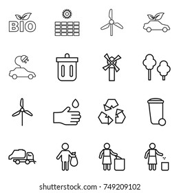 thin line icon set : bio, sun power, windmill, eco car, electric, bin, trees, hand drop, recycling, trash, truck, garbage