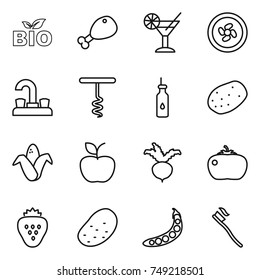 thin line icon set : bio, chicken leg, cocktail, cooler fan, water tap, corkscrew, vegetable oil, potato, corn, apple, beet, tomato, strawberry, peas, tooth brush