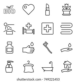 thin line icon set : bio, heart, lipstick, flower, sun potection, hospital, first aid, towel, pills bottle, hand drop, tooth brush, and, liquid soap, hanger, bath, housing