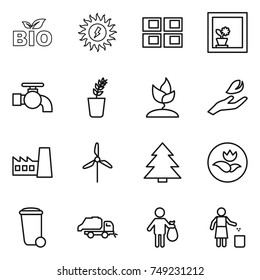 thin line icon set : bio, sun power, panel house, flower in window, water tap, seedling, sprouting, hand leaf, factory, windmill, spruce, ecology, trash bin, truck, garbage