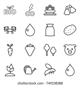 thin line icon set : bio, infinity power, flower bed, flippers, palm hammock, drop, flour, potato, carrot, berry, trees, pig, sprouting, watering can, wasp