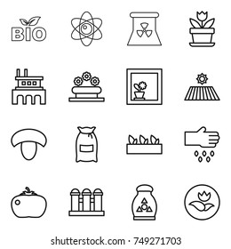 thin line icon set : bio, atom, nuclear power, flower, factory, bed, in window, field, mushroom, flour, seedling, sow, tomato, grain elevator, fertilizer, ecology
