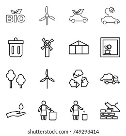 thin line icon set : bio, windmill, eco car, electric, bin, greenhouse, flower in window, trees, recycling, trash truck, hand and drop, garbage, construct