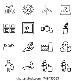 thin line icon set : bio, sun power, windmill, nuclear, panel house, flower in window, water tap, seedling, hand leaf, factory, recycling, trash, and drop, garbage bin