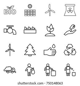 thin line icon set : bio, sun power, windmill, nuclear, water tap, seedling, sprouting, hand leaf, spruce, drop, recycling, trash truck, garbage bin