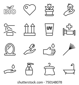 thin line icon set : bio, heart, flower, real estate, sun potection, cargo top sign, uv cream, hospital, mirror, hand leaf, drop, rake, and, liquid soap, hanger, bath