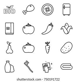 thin line icon set : bio, chicken leg, cooler fan, fridge, tomato, hot pepper, corn, pear, carrot, potato, shampoo, tooth brush, wiping, towel