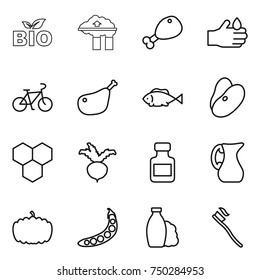 thin line icon set : bio, factory filter, chicken leg, acid, bike, fish, beans, honeycombs, beet, pills bottle, jug, pumpkin, peas, shampoo, tooth brush