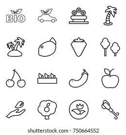 thin line icon set : bio, eco car, flower bed, palm, island, lemon, berry, trees, cherry, seedling, eggplant, apple, hand leaf, garden, ecology, blower
