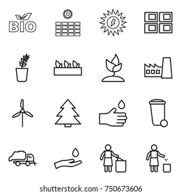 thin line icon set : bio, sun power, panel house, seedling, sprouting, factory, windmill, spruce, hand drop, trash bin, truck, and, garbage