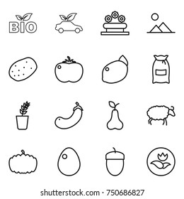 thin line icon set : bio, eco car, flower bed, landscape, potato, tomato, lemon, flour, seedling, eggplant, pear, sheep, pumpkin, egg, acorn, ecology