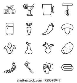 thin line icon set : bio, cocktail, cup, corkscrew, fridge, carrot, hot pepper, mushroom, corn, pear, beet, potato, peas, tooth brush, wiping, towel