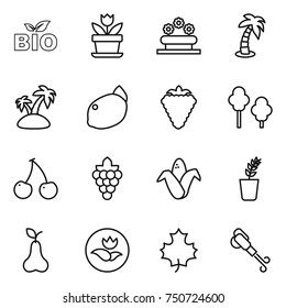 thin line icon set : bio, flower, bed, palm, island, lemon, berry, trees, cherry, grape, corn, seedling, pear, ecology, maple leaf, blower