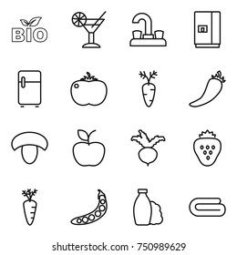 thin line icon set : bio, cocktail, water tap, fridge, tomato, carrot, hot pepper, mushroom, apple, beet, strawberry, peas, shampoo, towel