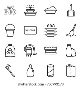 thin line icon set : bio, fountain, washing, scoop, bucket, welcome mat, plate, broom, garbage bag, vacuum cleaner, sponge, shampoo, tooth brush, cleanser, powder, paper towel