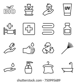 thin line icon set : bio, flower, real estate, uv cream, hospital, first aid, towel, pills bottle, hand leaf, drop, recycling, rake, and, liquid soap, hanger, bath