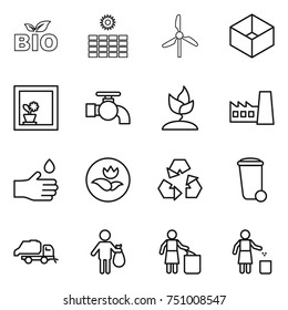 thin line icon set : bio, sun power, windmill, box, flower in window, water tap, sprouting, factory, hand drop, ecology, recycling, trash bin, truck, garbage